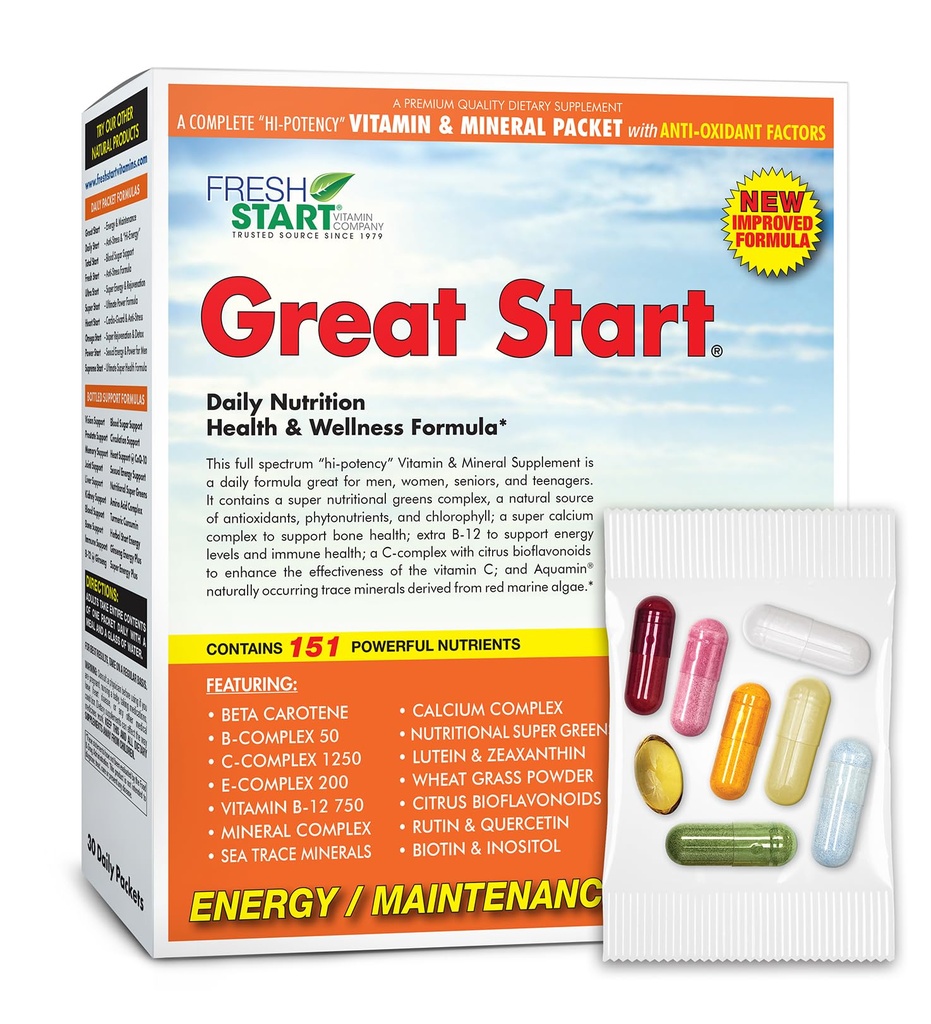 Gran Comienzo Completo paquete de vitaminas diarias ← Energía " Esenciales " , Vitamina A, B, C, D, E, B12, Biotina, Minerales, Calcio, Magnesio, Zinc, Super Greens (30 Packets)