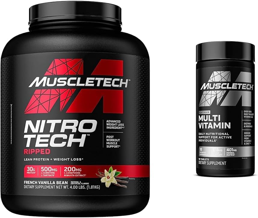 MuscleTech Nitro-Tech Ripped ← Lean Whey Protein Powder/Isolate " Platinum Multivitamin for Immune Support 18 Vitaminas " Minerales Vitaminas A C D E B6 B12 Suplementos de entrenamiento diario para hombres 90 Ct