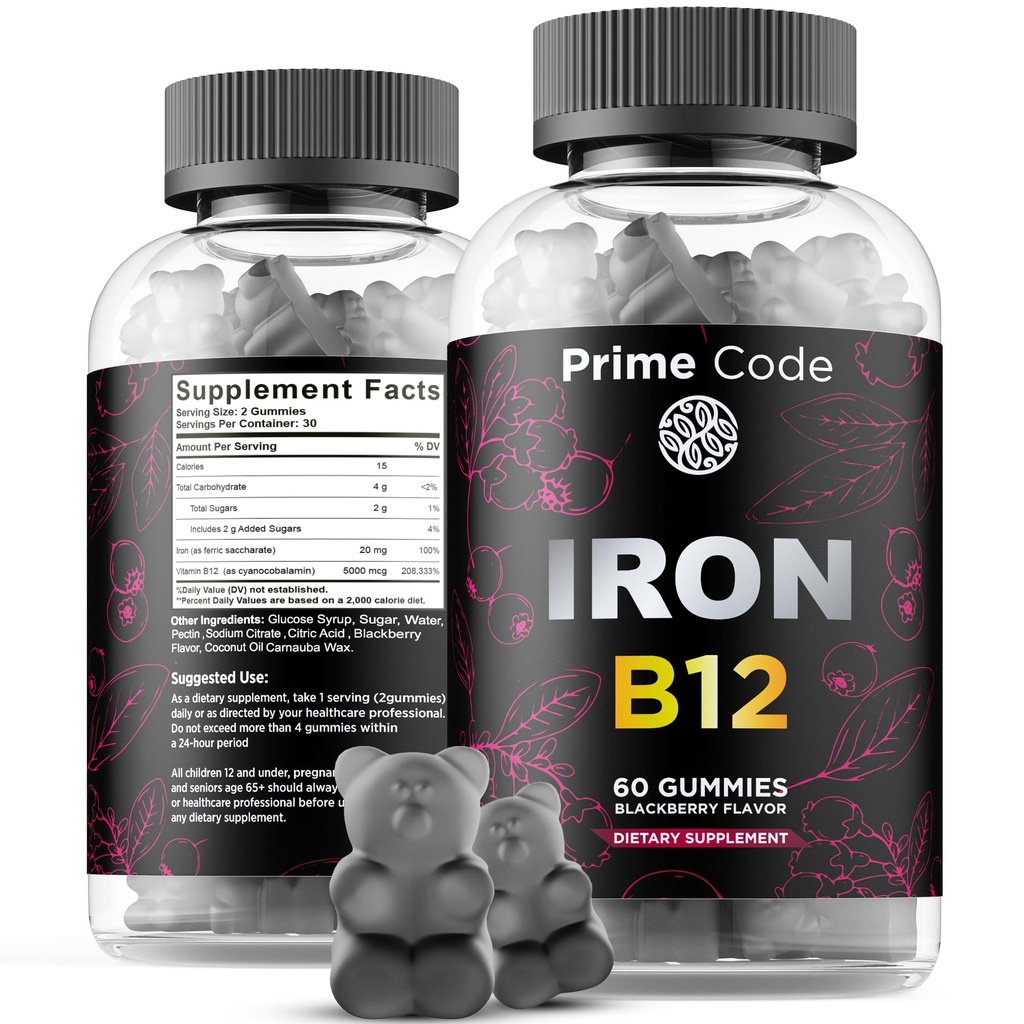 Vitamina B12 Gummies para Hombres, 20 mg Suplemento de Hierro para Adultos, Constructor de Sangre Libre para Anemia, Vitamina B12 Gummies con Sabor de Fresa Natural de Hierro, Vegan, No GMO, 30 Day Supply