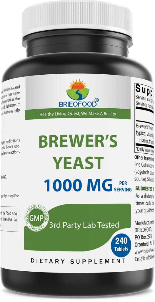 Brieofood Brewers Yeast 1000 mg por Serving - 240 Tablets - 3rd Party Labe Tested for Purity & Quality