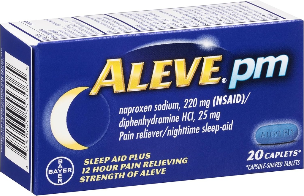 Aleve PM Caplets, Naproxen Sodium 220 mg (NSAID)/diphenhydramine HCl 25 mg, Doin Reliever/Nighttime Sleep-Aid, Non-Habit Forming, 20 Conde
