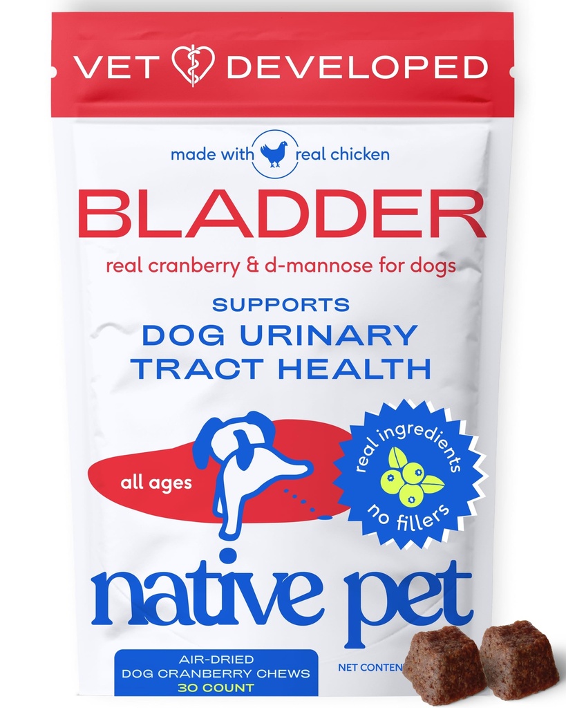 Tratamiento UTI de perros nativos - Suplemento de arándano para perros Control de vejiga " Apoyo al riñón - Prevención de la infección por tracto urinario e incontinencia urinaria - Hecho con extracto de arándano real - 30 chews