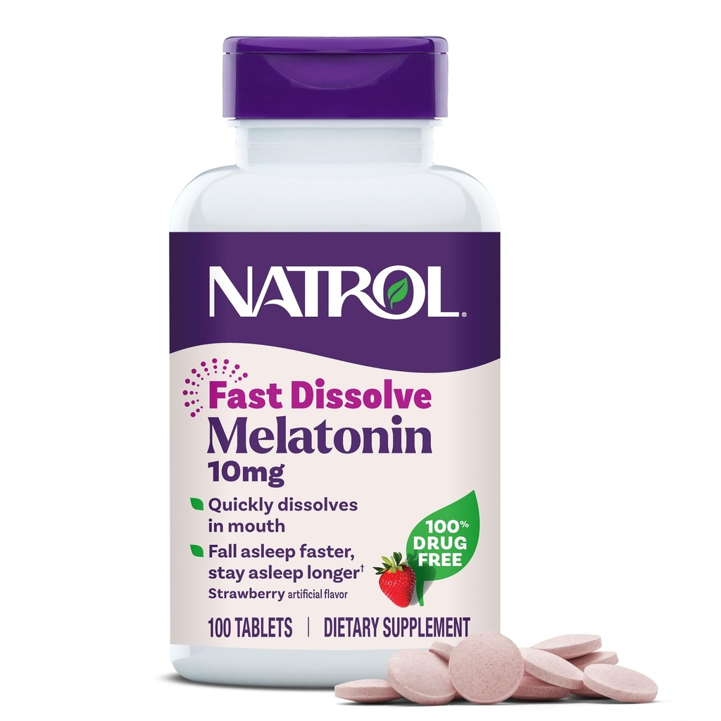 Natrol Melatonin 10mg Tablas rápidas de disuelve - Flavor de fresa, 100 Cuenta, Apoyo al sueño, Melatonina rápida para adultos, Suministro de 100 días