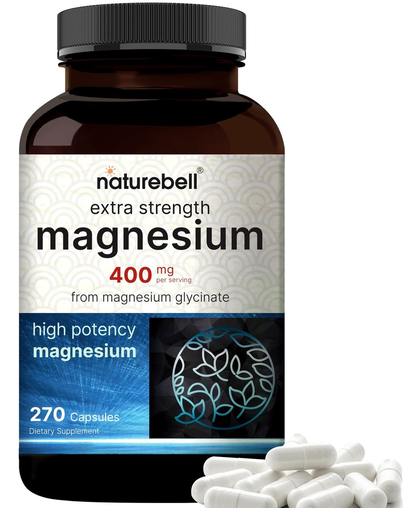 NatureBell Magnesium Glycinate 400mg Elemental, 270 Capsules tención 100% Chelated for High Absorption ¦ Apoya Muscle, Bone & Heart Health ← Non-GMO, Gluten-Free, Vegan