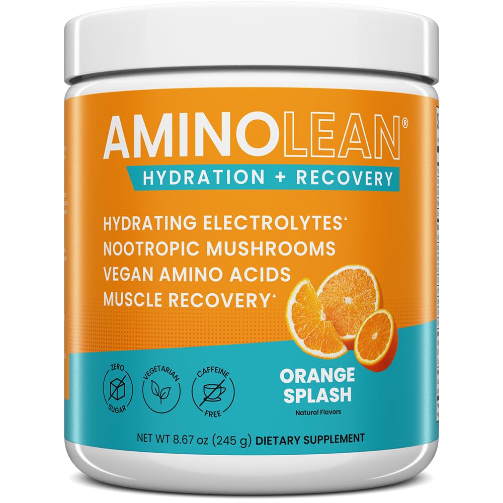 AminoLean Hidrating Electrolyte Powder and Recovery Drink with Sea Minerals, Nootropic Mushrooms, and Vegan Amino Acids, BCAAs + EAAs for Post Workout Muscle Building, Orange Splash