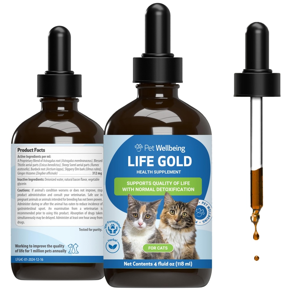 Mascotas Bienestar Vida Oro para gatos - Soporta Detoxificación, Sistema Inmunitario Salud, Antioxidantes - Suplemento Herbal Formulado Vet – 4 oz (118 ml)