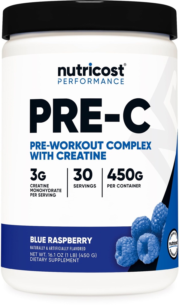 Nutricost Pre-C Pre-Workout Complex with Creatine (Blue Rasberry TEN 30 Servings) Powder - Boost Fintess Routines, 450g