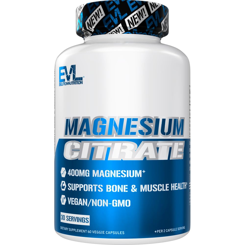 EVL Magnesium Citrate Capsules 400mg - Muscle and Bone Health Supplement with Pure Magnesium Citrate for Muscle Relax and Bone Strength - 60 Veggie Capsules for Health