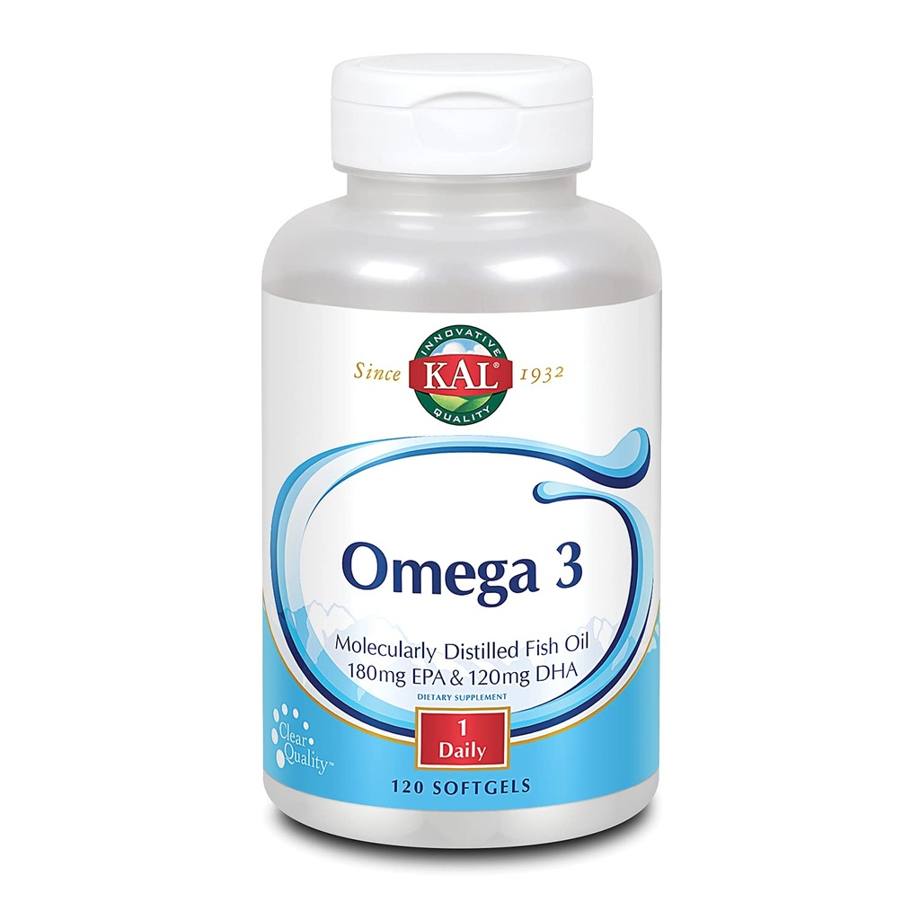 KAL Omega 3 Ø Omega-3 Fish Oil for Healthy Heart, Joint &amp; Brain Support tención 180mg EPA, 120mg DHA (120 CT, 120 Serv)
