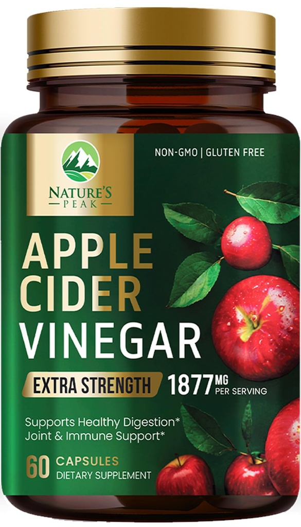 Apple Cider Vinegar Capsules ACV Suplementos 1877mg, Vitamina D3, Zinc &amp; Best ACV Suplemento Pills Apoyo Gut Health for Better Digestion, Immune System Support, Non-GMO & Gluten Free, 60 cápsulas