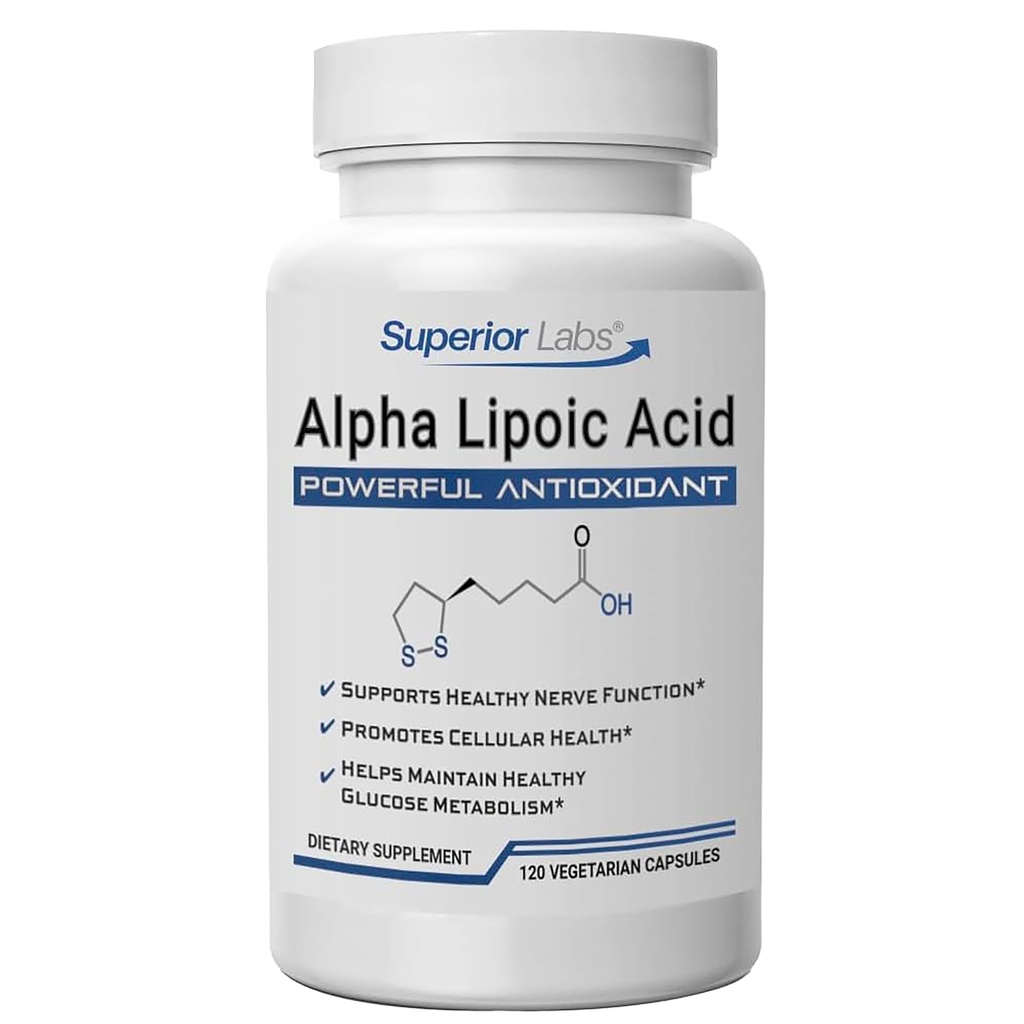 Laboratorios Superiores Ácido Lipoico alfa 600 mg Cápsulas, ALA pura no GMO, Absorción alta, soporte nervioso, Circulación sana y respuesta al nervio, Antioxidante envejecido saludable, 120 Cápsulas de Veg, Suministro de 4 meses