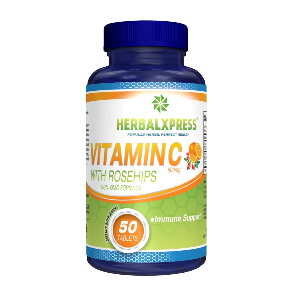 Herbalxpress Vitamina C 500mg con Rosa HIPS, ácido ascórbico " Citrus Bioflavonoids 50 Tablets (1 Tub) - The Powerful Duo:- A Complementary Approach to Boost Your Immune System.