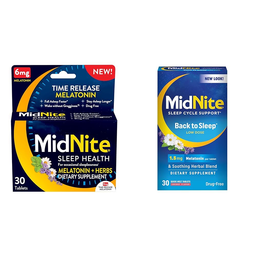 MidNite Time Release 6mg Melatonin 30 Tablets &amp; Volver al sueño 1.5mg Melatonin 30 Cherry Flavored Chewable Tablets Sleep Aid Bundle
