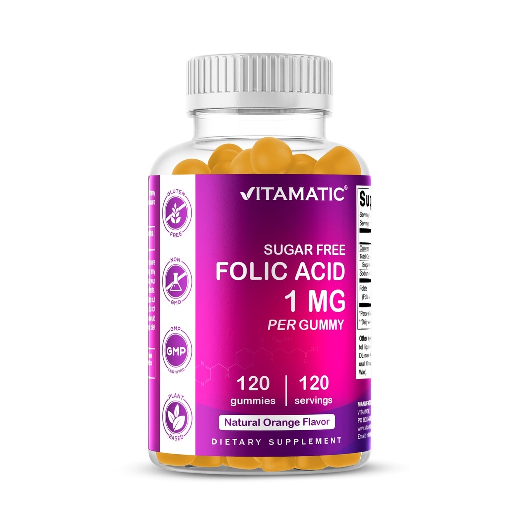 Vitamatic Folic Acid Gummies 1000 mcg (1 mg) - una vitamina prenatal esencial para mamá &amp; bebé - vitamina B9-120 Gummies Vegan (1)