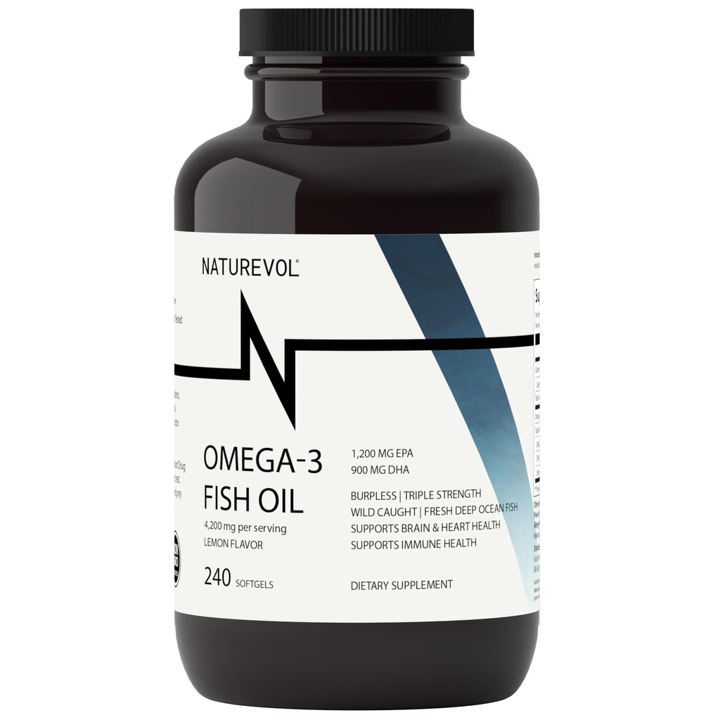 Triple Fuerza Omega 3 Fish Oil 4200mg - Burpless TENIDO Más de 2200mg de Omega 3 Fatty Acids TEN 1200mg EPA + 900mg DHA ← Mejores ácidos grasos esenciales Silencioso Pescado/Deep Sea Fish, Lemon Flavored - 240 Softgels