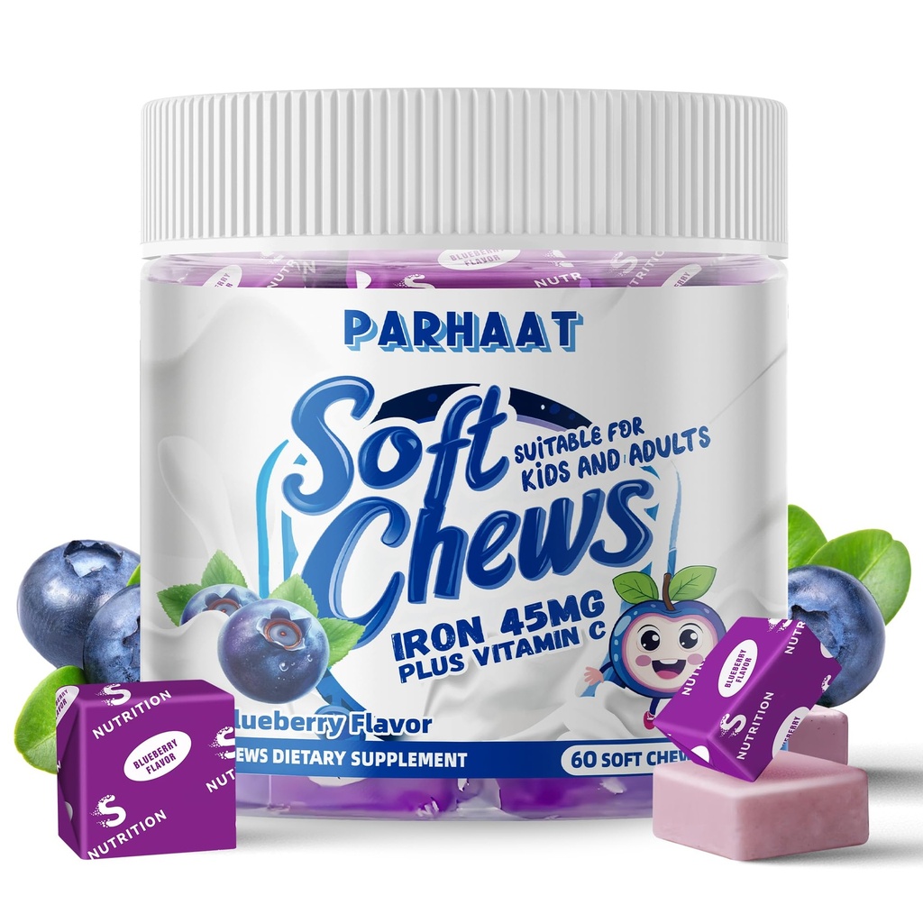 Iron Soft Chew Suplemento con Vitamina C ← Blueberry Flavored TEN Gluten Free ← Suplemento de Hierro para Mujeres Hombres y Niños