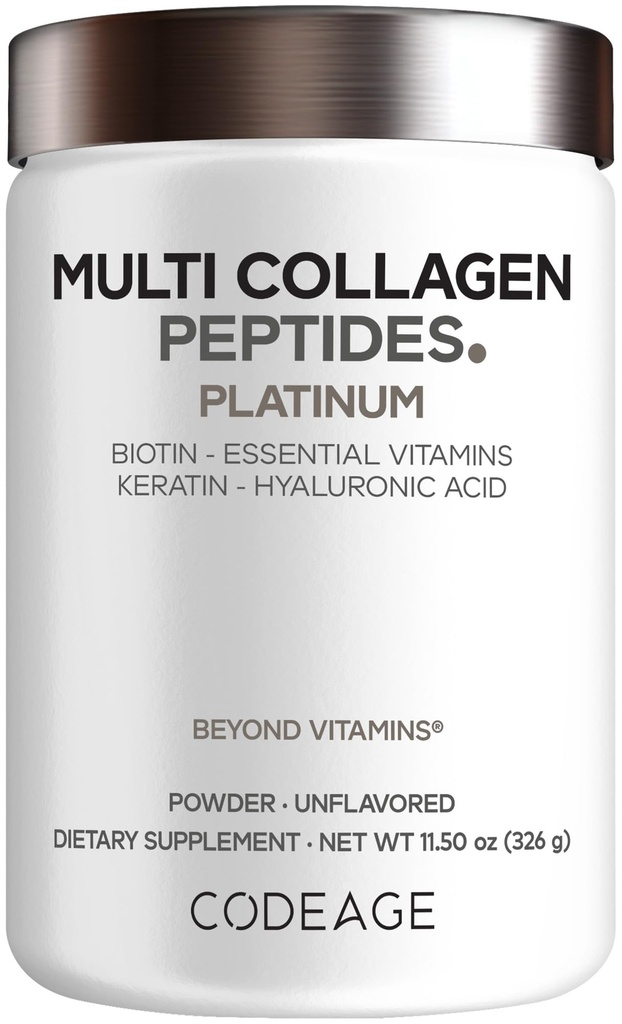 Código Multi Collagen para Hombres Biotina 10000mcg Keratina, Pólvora Proteína Vitamina C B6 D3, Ácido Hialurónico, Niacina - Crema de Café Collagen Hidrolyzed 5 Tipos - Desflavorado - No GMO - 11.5oz