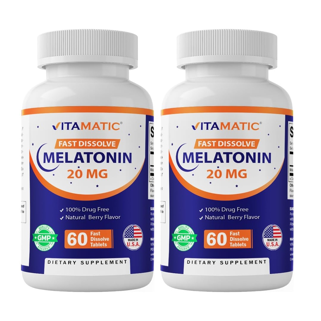 Vitamatic 2-Pack High Potency Melatonin 20 mg – 60 Fast Dissolve Tablets Total Fast-Acting Sleep Support – Natural Berry Flavor ¦ Vegetarian