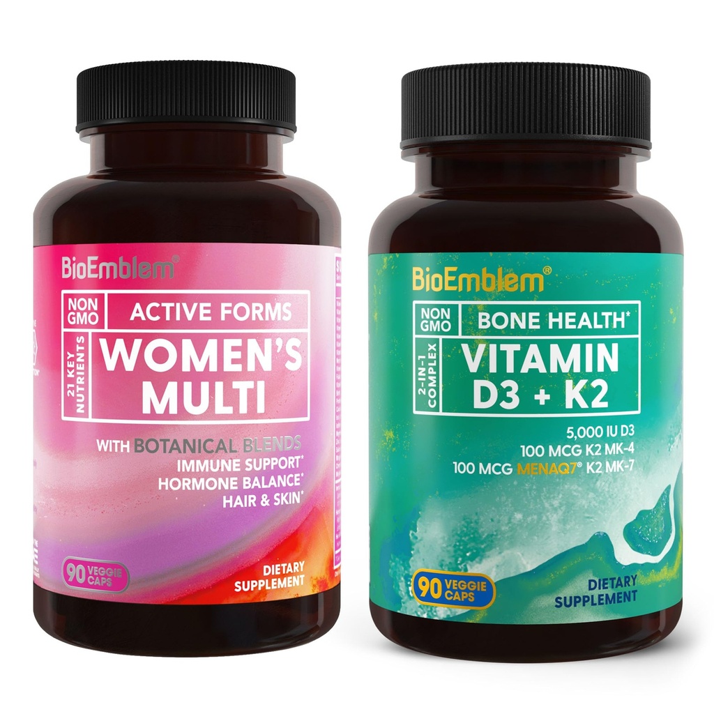 BioEmblem Vitamina D3 K2 (5000IU y 200mcg) y Multivitamina de las Mujeres