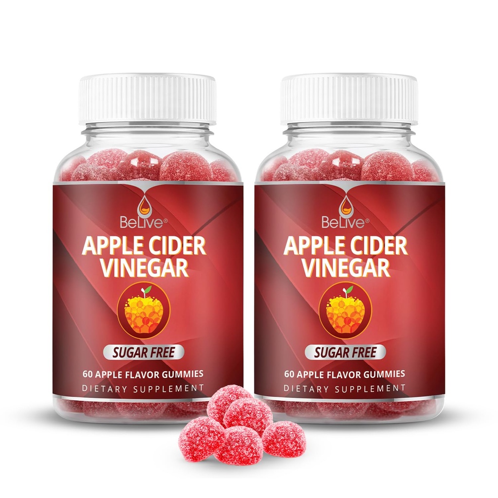 BeLive Manzana Vinagre Azúcar Gummies Libres – Grande para la Digestión " Dieta saludable - Sin gluten, Sin jarabe de glucosa, ACV Gummies Alternativa a Capsules " Drink (120 Ct) – 2 Pack