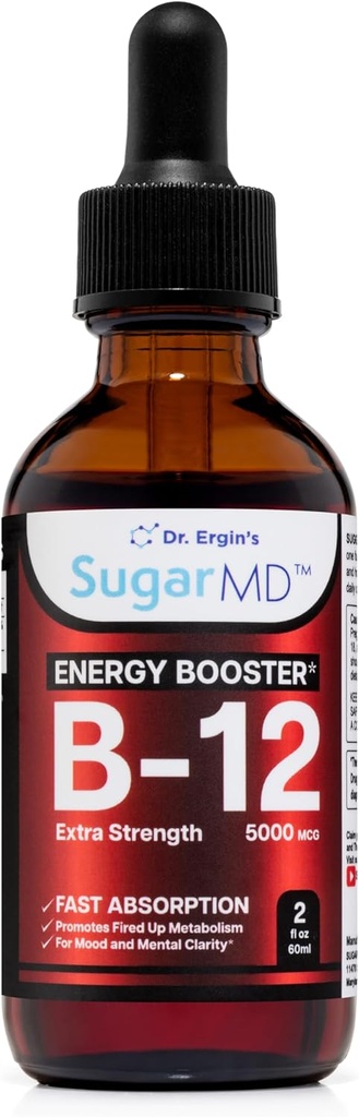SugarMD Vitamina B12 5000 mcg Liquid Drops – 2 fl oz (60ml) Caídas de energía para mujeres y hombres – No GMO & Gluten Free Liquid B12 gotas con la máxima absorción Fórmula