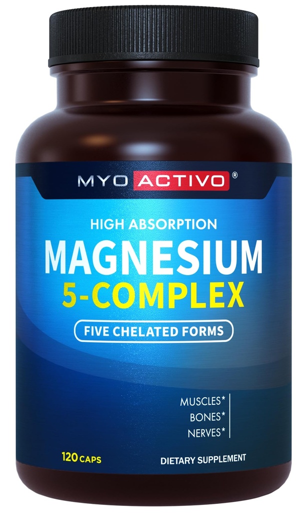 Complejo de Magnesio 5-in-1 - Absorción alta - Magnesio Chelated Glycinate, Malate, Citrate, Taurate, " Aspartate for Nerves, Muscles, Bones TEN 120 Capsules ANTE Magnesium Supplement