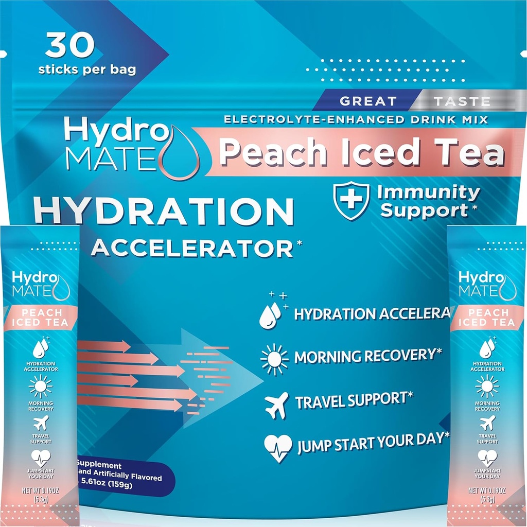 HydroMATE Electrolyte Powder Peach Tea Hydration Packets Low Sugar 30 Cuenta