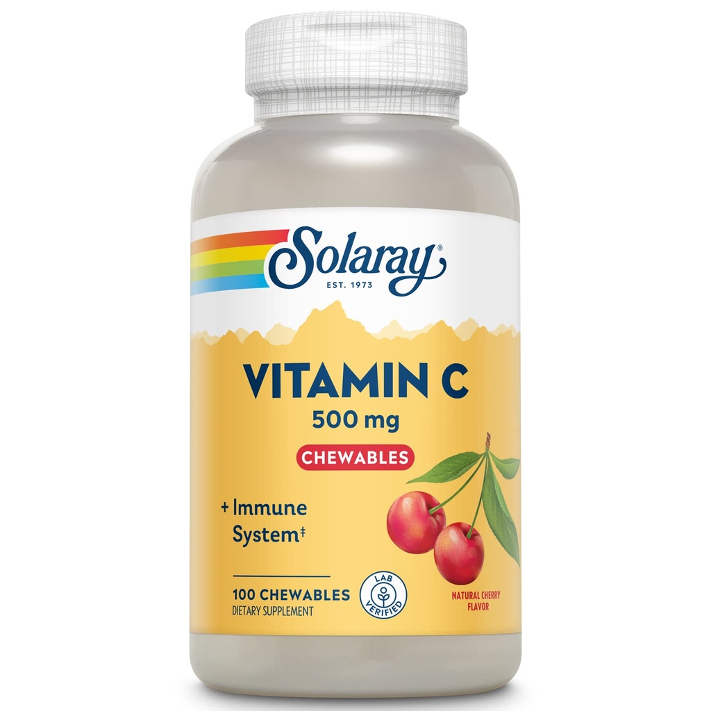 SOLARAY Chewable Vitamina C 500 mg, Natural Cherry Flavor con Dulces Naturales, Antioxidante e Inmuno Suplemento de Apoyo con Base Alimentaria entera, Garantía de 60 días, 100 Serviciones, 100 Chewables