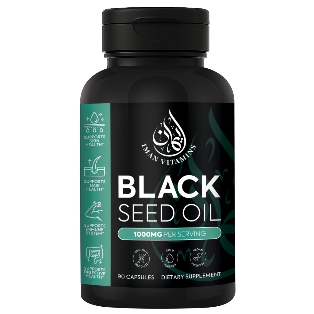 Halal Natural Black Seed Oil Capsules 1000mg Cold Presionado, Vegan, No GMO Nigella Sativa Capsules, Gluten Free Pills ← 90 Conde, 1000mg PS