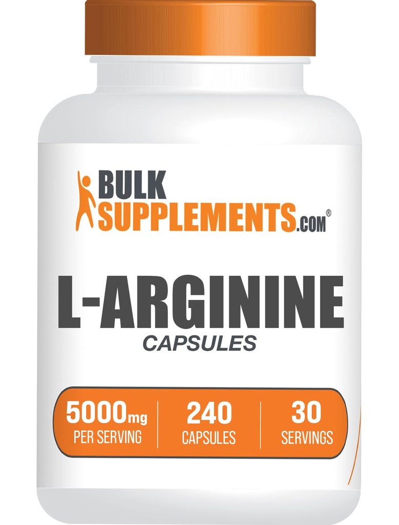 BulkSupplements.com L-Arginine Capsules - Suplemento de Arginina, Suplemento de óxido nítrico - Gluten Free, 8 cápsulas por servicio (5000mg), 240 Conde (Pack of 1)
