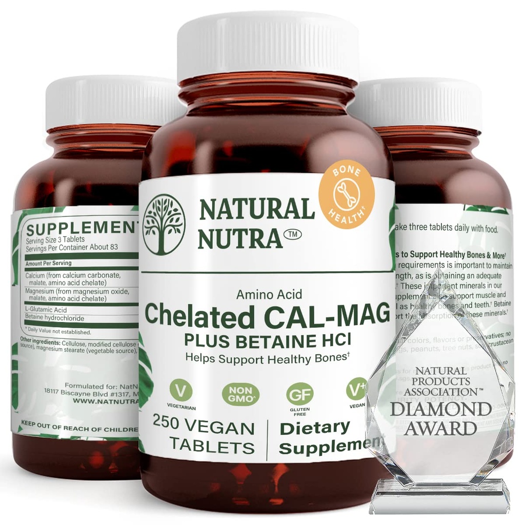 Natural Nutra Magnesio de Calcio Chelatado 1000/500 mg Suplementos Plus Betaine HCL - Cal Mag Chelated Mejora la Densidad de Hueso, Admite Muscle, Teeth, Cardiovascular &amp; Nerve Health, 250 Tabletas Vegan