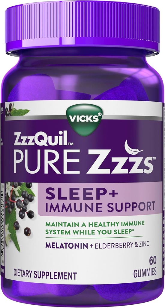 ZzzQuil Pure Zzzs Sleep + Immune Support Melatonin Sleep Aid Gummies with Elderberry, Zinc, Chamomile, Lavender, " Valerian Root, 1mg per Gummy, 60 ct