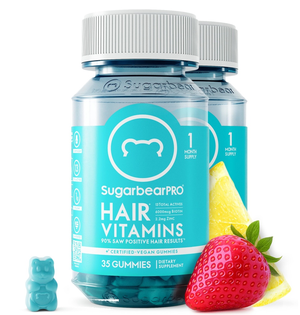 Sugarbear Hair Vitamina Gummy 2 Mes Fuente Extra Strength Biotin 6000mcg, Crecimiento para Hombres &amp; Mujeres, Vegan Vitamina B12, MSM, Inositol, Omega 3, Elderberry, Certified Kosher, Halal, Cruelty-Free