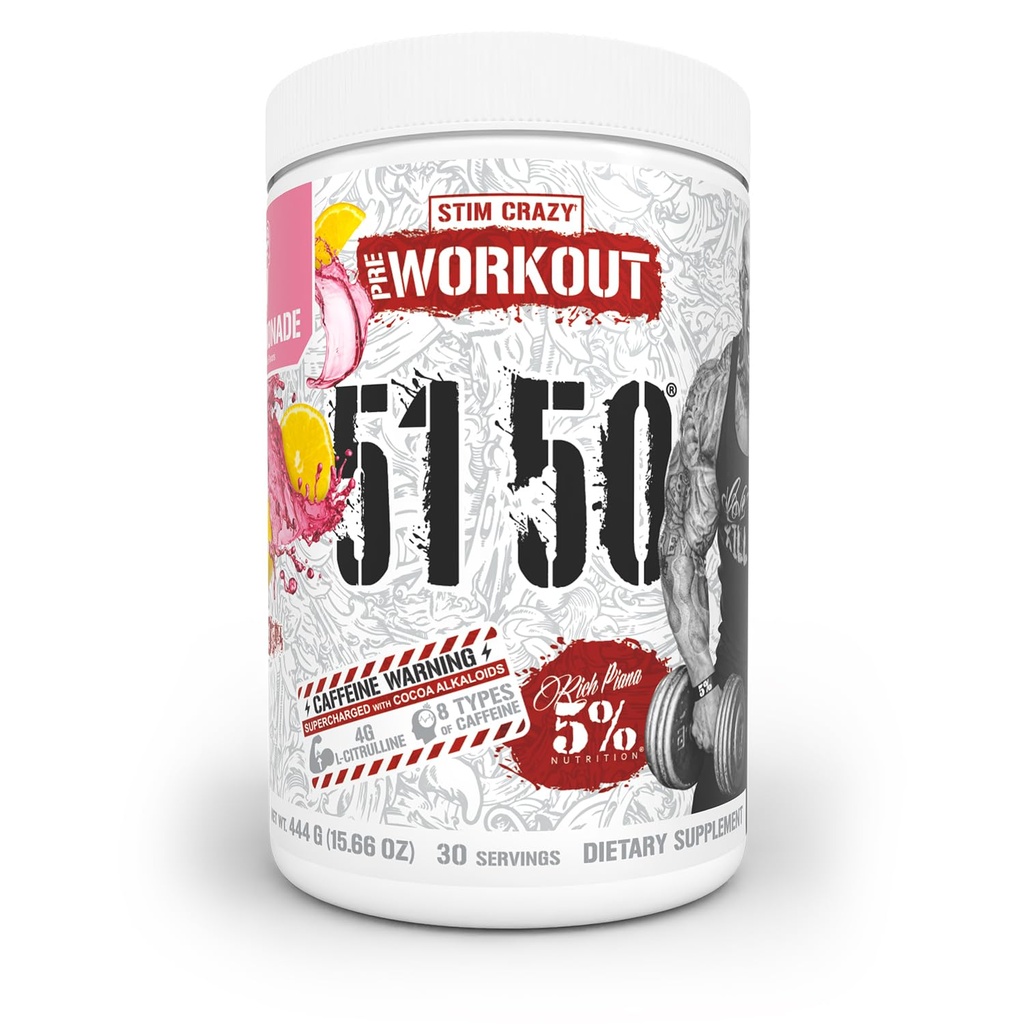 5% Nutrición Rich Piana 5150 High Stim Pre-Workout Powder  tolera Extreme Energy, Focus, Pumps &amp; Endurance ← 400 mg Caffeine, Citrulline, Beta Alanine, N-Acetyl L-Tyrosine ← 30 Srvgs (Pink Lemonade)