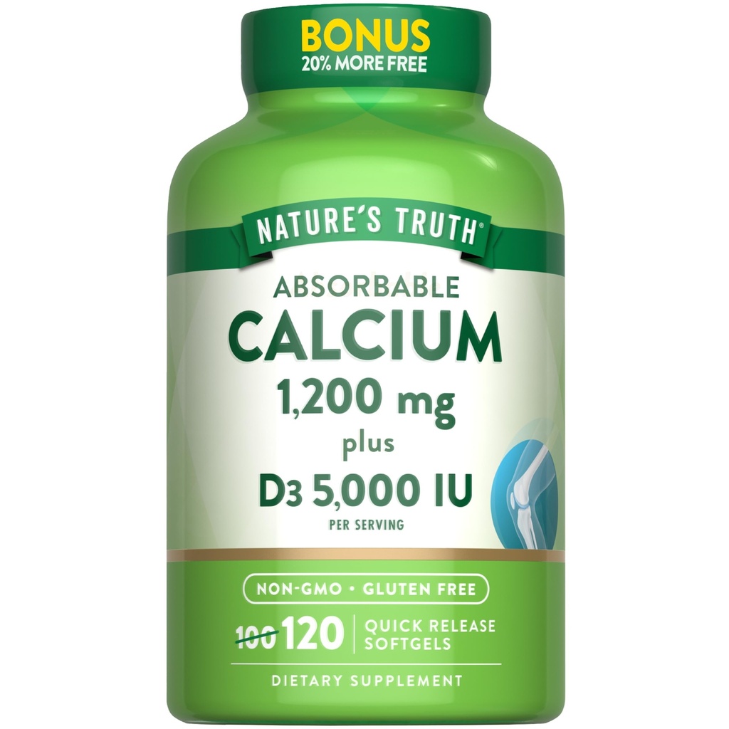 Verdad Absorbable Calcio 1200 mg con vitamina D3 5000 UI Silencio 120 Softgels Silencio Calcio Carbonato Silencio No GMO &amp; Gluten Suplemento Libre