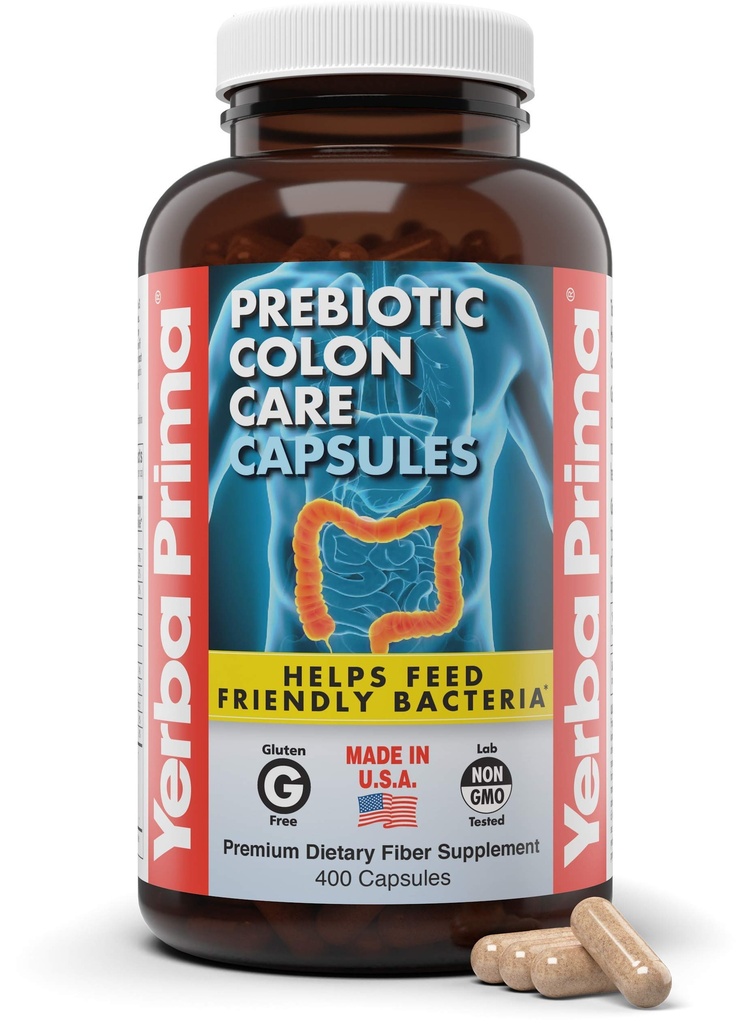 Yerba Prima Prebiotic Colon Care Capsules, 400 Caps - Cinco Formas de Fiber Plus FOS Prebióticos - Suplemento dietético de salud - Fibras sanas e insolubles para regularidad y apoyo digestivo