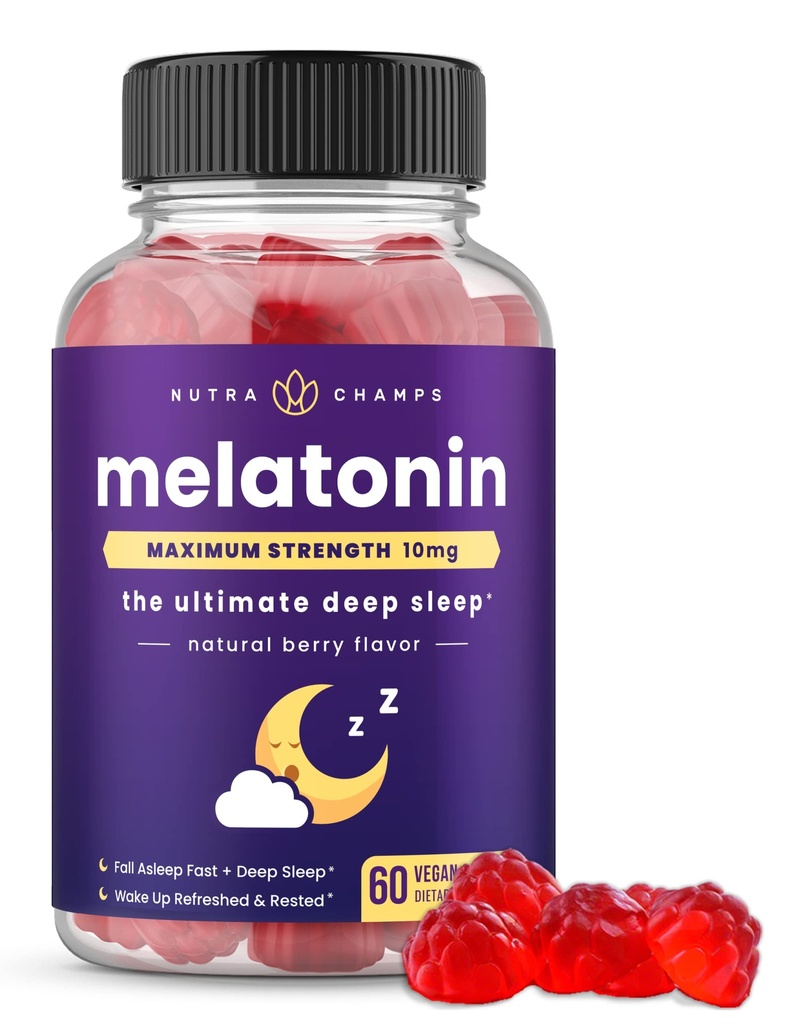 NutraChamps Melatonin Gummies for Adults, Extra Strength Sleep Aid Vitamins, 5mg o 10mg Dose, Vegan Natural Strawberry Flavor Suplemento para un mejor sueño, ciclos saludables del sueño, 60 Gummies