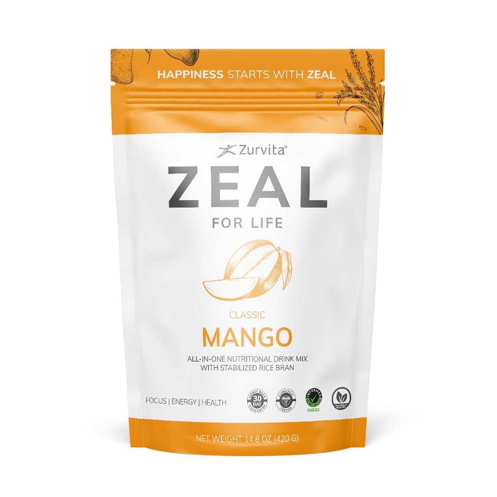 Zurvita Zeal for Life Wellness Drink Mix - Mango Flavor - Gluten-Free, Vegan, con Biotina, Vitaminas B12, C, D, E, Hierro, Magnesio - 30 Servings (420g)
