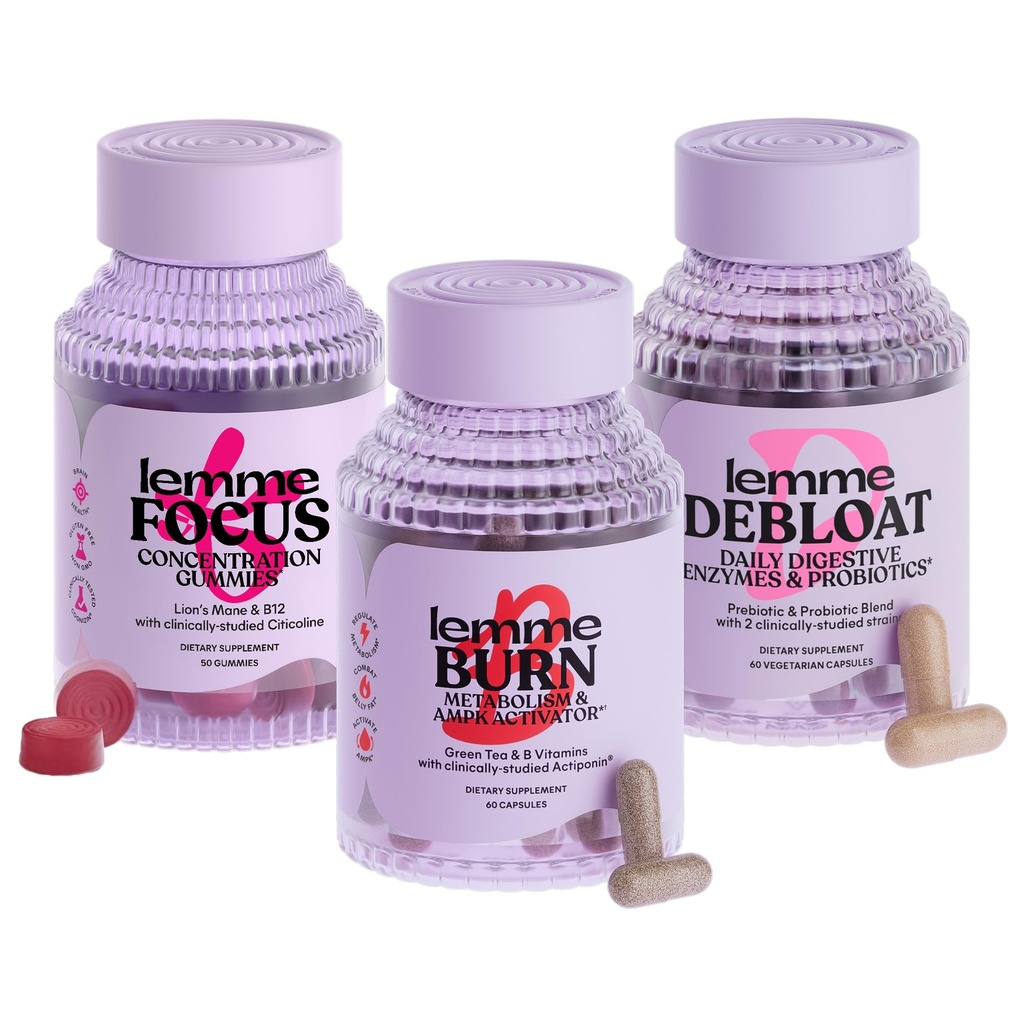 Lemme Burn, Debloat " Focus Bundle ← Metabolismo " Fat Burning + Bloating " Gas Relief Capsules + Focus " Brain Health Gummies ANTE Gluten-Free, Non-GMO ← 60 Condes Capsules " 50 Condes Gummies