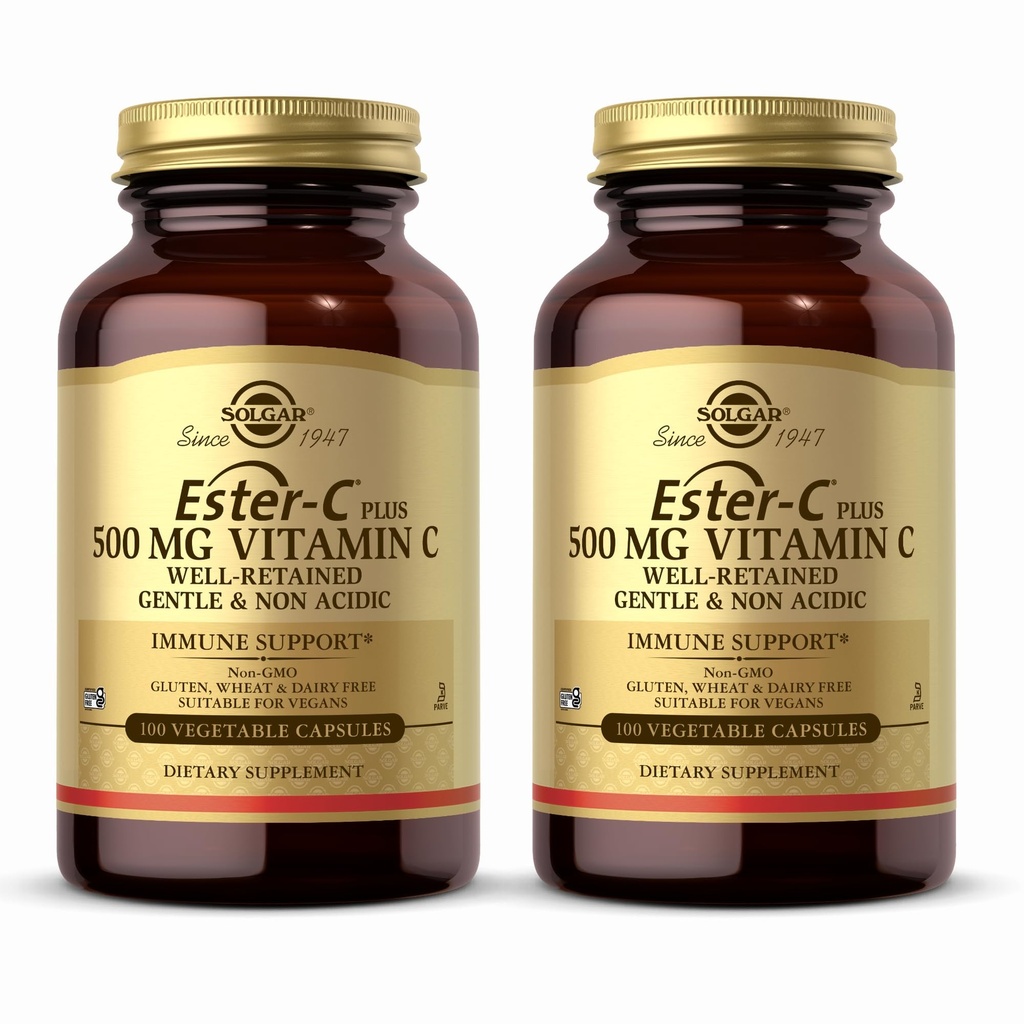 Solgar Ester-C Plus 500 mg Vitamina C (Complejo de Ascorbate) - 100 cápsulas vegetales, Pack de 2 - Antioxidante &amp; Apoyo a la Inmunidad - No GMO, Vegan, Gluten Gratis, Kosher - 200 Total de Actuaciones