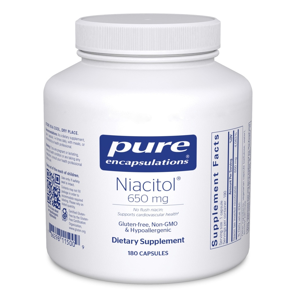 Encapsulaciones puras Niacitol 650 mg peru Hipoallergenic No-Flush Niacin para soportar la digestión, síntesis de hormonas y formación de tejidos TEN 180 cápsulas