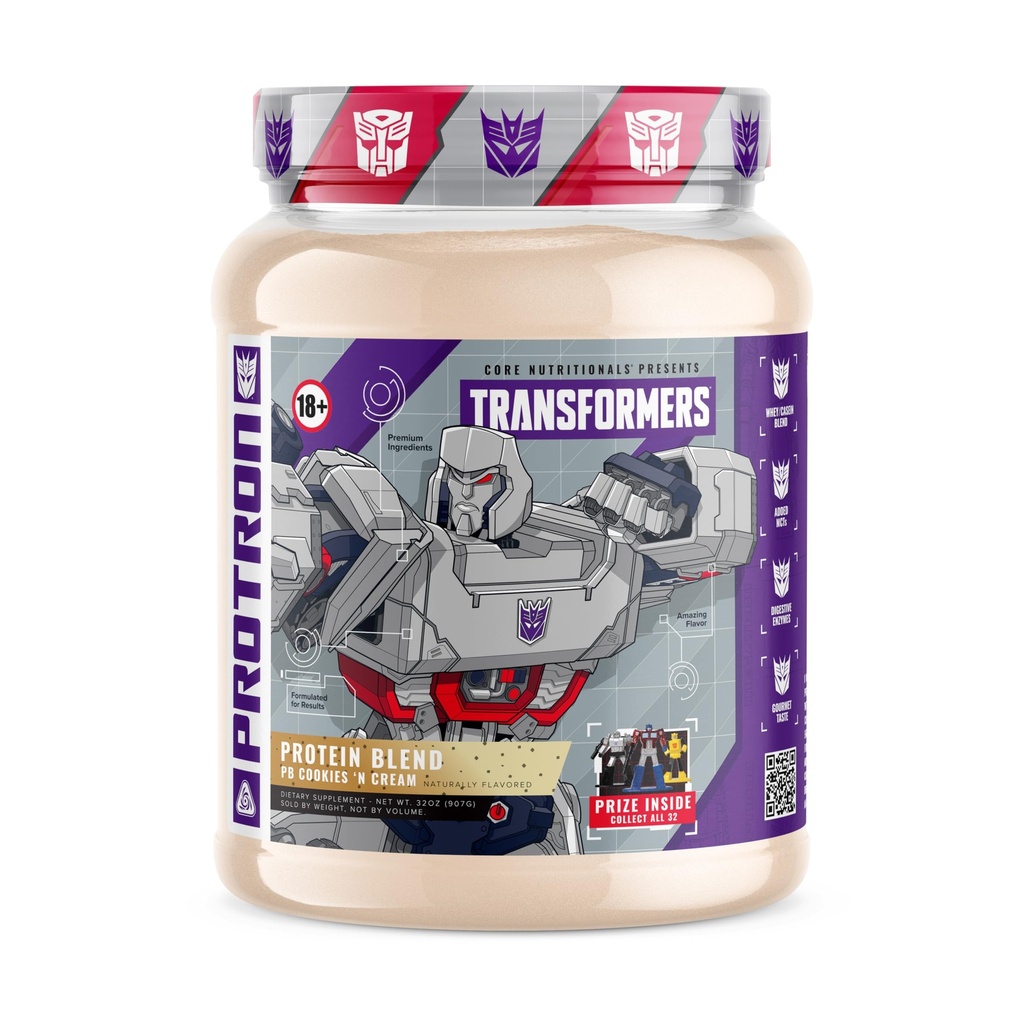 Core Nutritionals Transformers Protron Protein ← Whey + Casein Blend ← Enzymes Digestivos ← 25g Protein ← Premio Gratis Dentro - Megatron ← 2 Libra (PB Cookie 'N Cream)