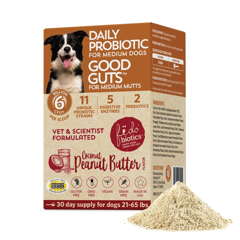 Fidobióticos Buena Guts for Medium Mutts Probiotic for Dogs, 6 Billion CFUs, 11 Strains, 5 Digestive Enzymes, 2 Prebiotics, Digestive Gut Health for Dogs, Adult &amp; Puppy Probiotics Supplements (30 Days)