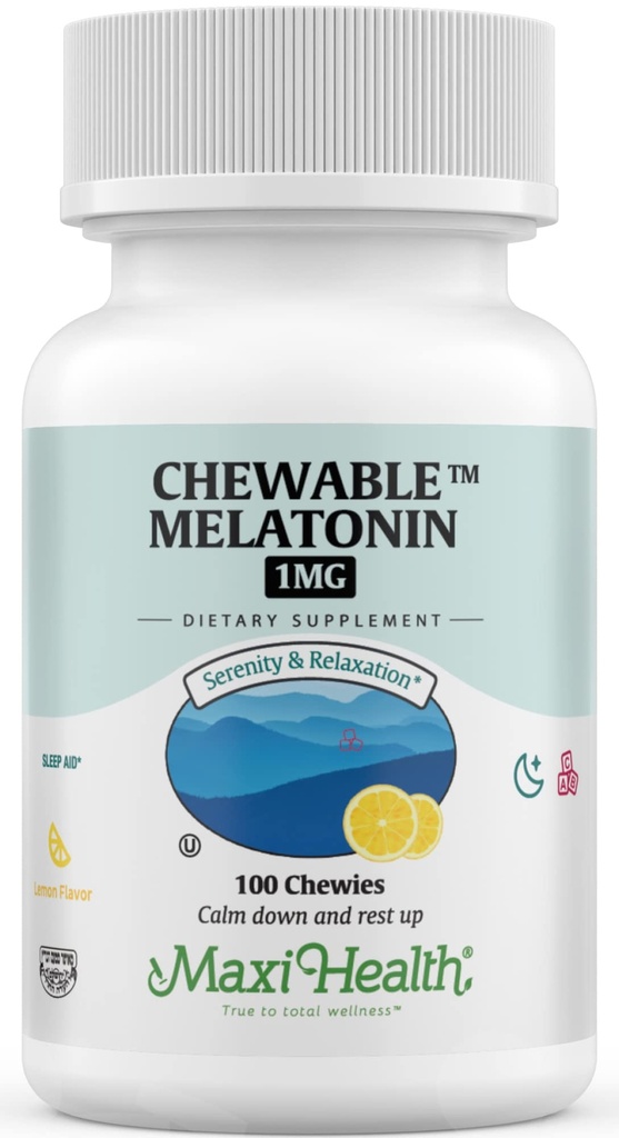 Maxi Health Chewable Melatonin, Kosher Lemon Flavor, Melatonin for Adults &amp; Kids, Natural Aid for Adults &amp; Children, Melatonin Chewables Alternative to Melatonin Gummies Kids Dose, (100 Cuenta)