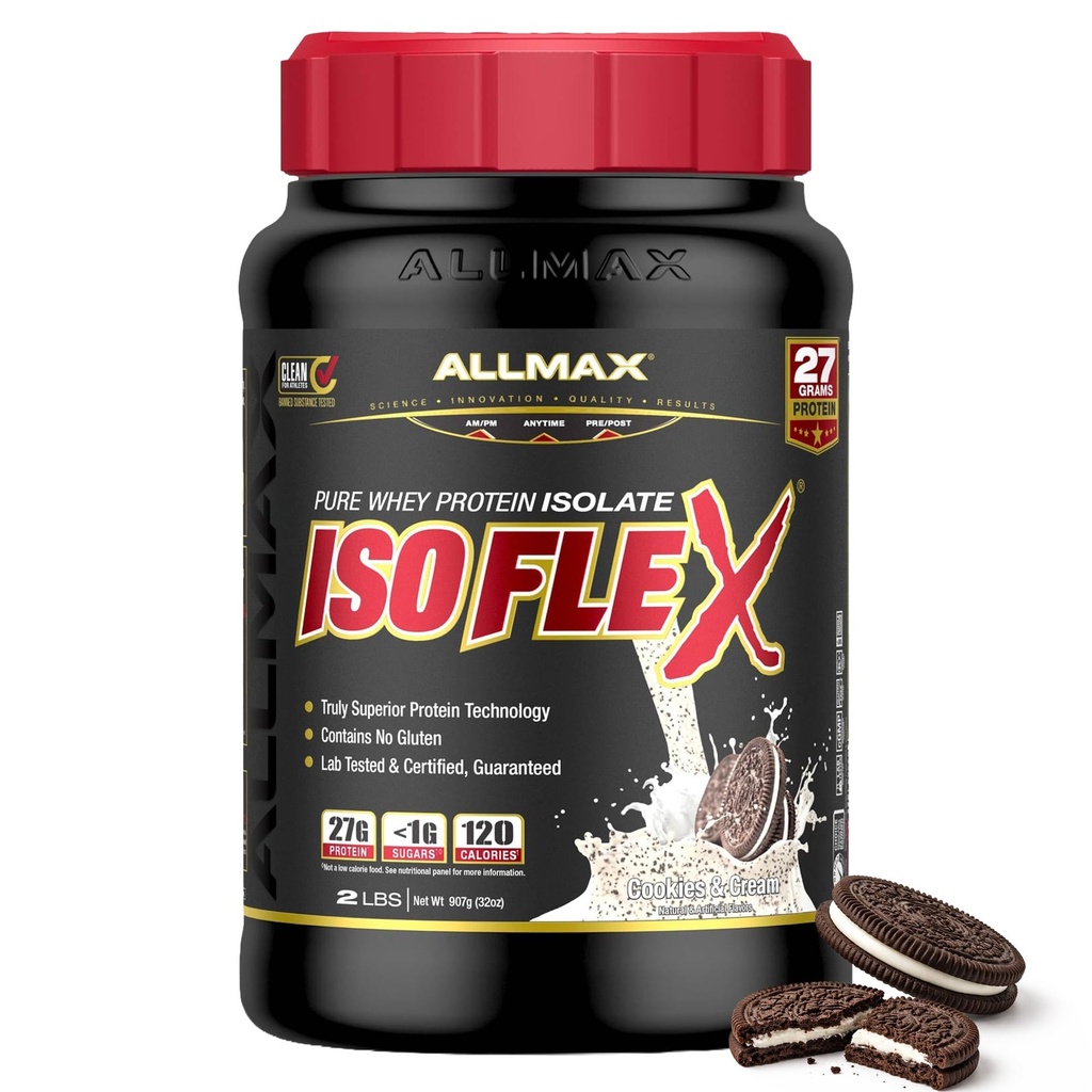 ALLMAX Nutrition ISOFLEX Whey Protein Isolate, Cookies &amp; Cream - 2 lb - 27 Gramos de Protein Por Scoop - Zero Fat & Sugar - 99% Lactose Gratis - Gluten Free &amp; Soy Gratis - Aproximadamente 30 Servimientos