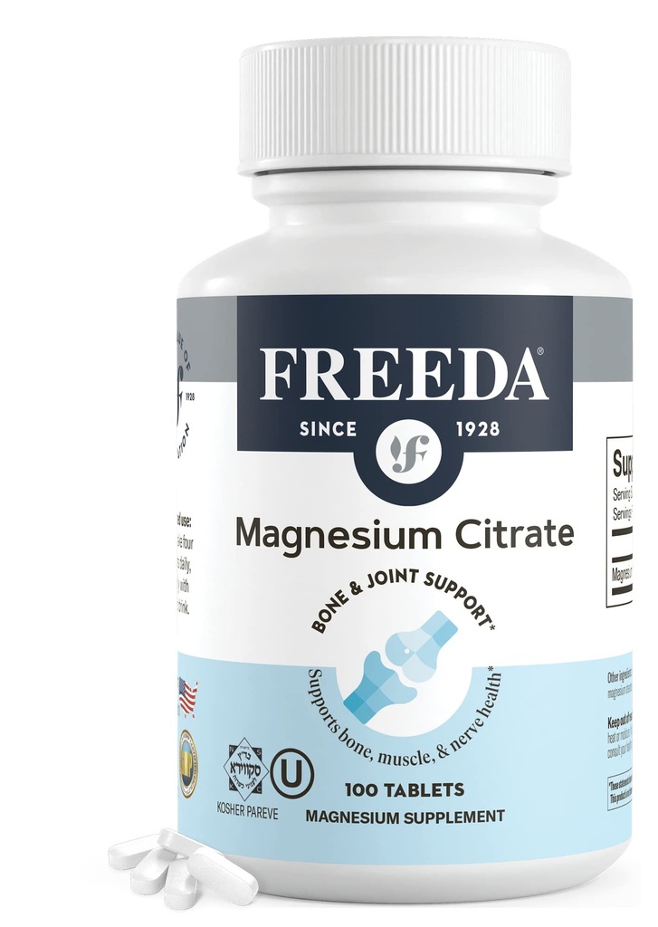 Freeda Magnesium Citrate 400 mg Coated Tablets – High Absorption Supplement for Muscle, Nerve & Relax Support – Vegan, Gluten-Free, Kosher – 100 Count