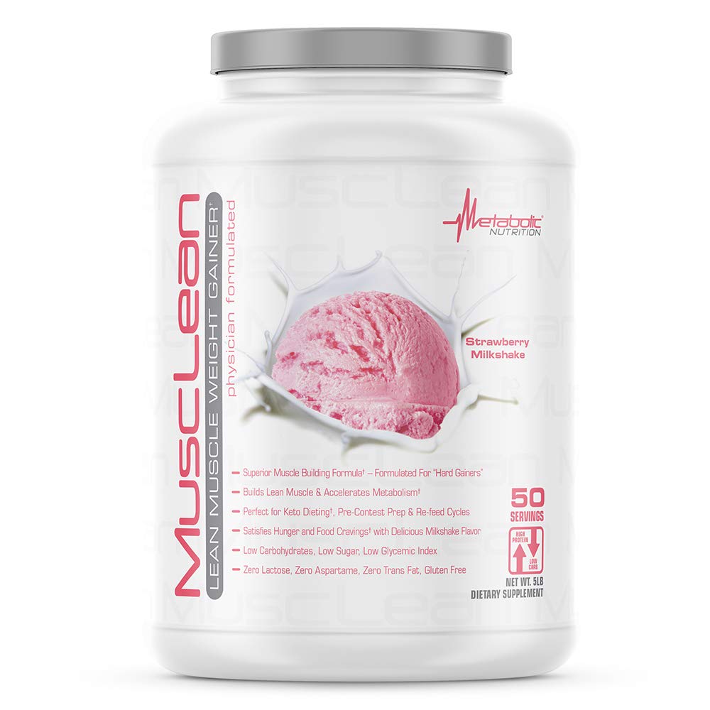 Nutrición metabólica - Musclean - Milkshake, Whey High Protein Meal Replacement, Mantenimiento Nutrición, Baja Carb, Keto Diet, Enzimas digestivas, Fresa, 5 libras (50 ser)