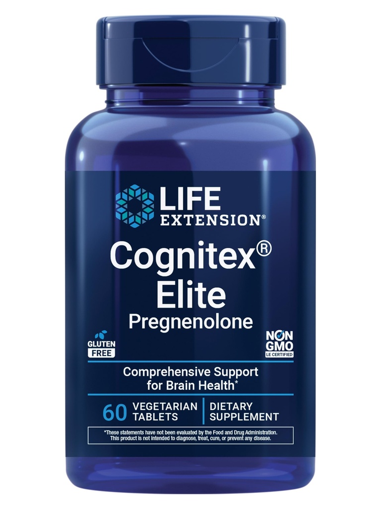 Extensión de vida Cognitex® Elite Pregnenolone, sabio, Blueberry, ashwagandha, fosphatidylserine, Advanced Formula, Atención, Focus, Memory, Gluten-Free, Non-GMO, Vegetarian, 60 Tablets
