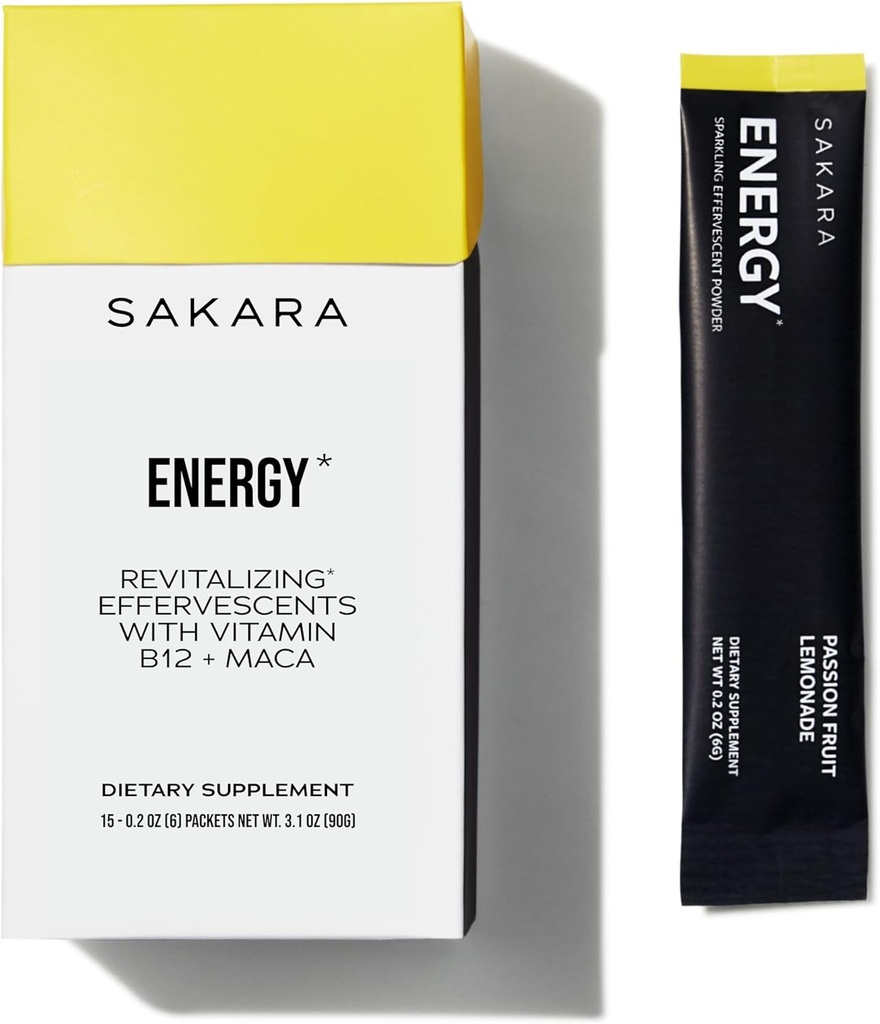 SAKARA Energy Effervescents, 15 Packets - Refined Sugar Free Electrolytes Powder Packets with Vitamin B12 &amp; L Theanine, Flavored Water Packets, Hydration Powder, Energy Drink Electrolyte Powder