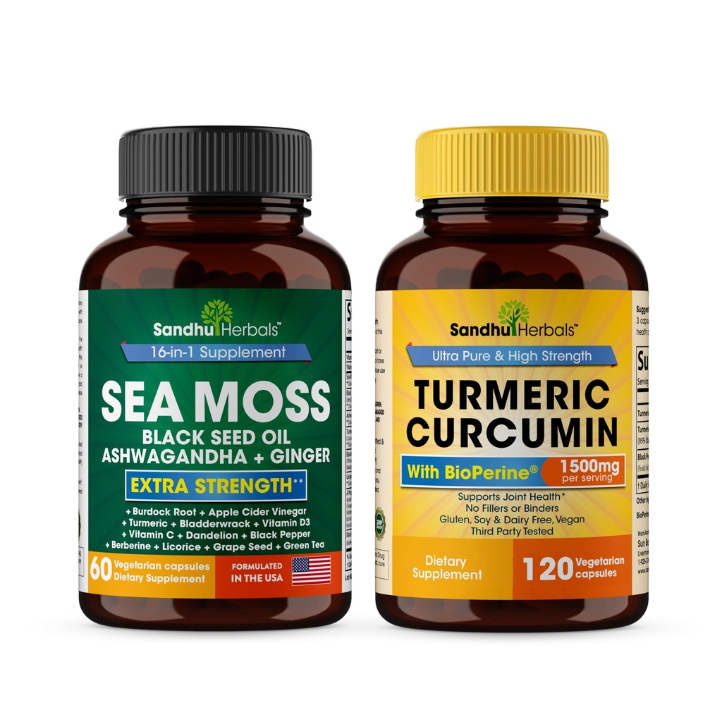 Sandhu Herbals Seamoss " Turmeric Curcumin with Bioperine Capsules ¦ Apoya Immune, Digestive, Cognitive, Skin " Hair Health